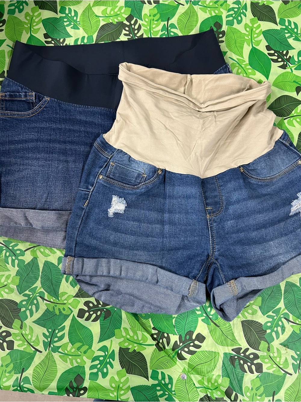 Bella Vita Dark Blue Denim Maternity Shorts with Black & Beige Waist Panels